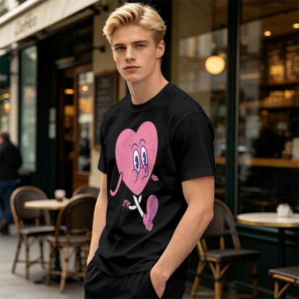 Oversized Olive T-Shirt with Retro Walking Pink Heart Cartoon Graphic