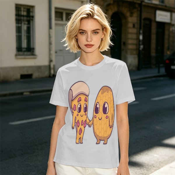 Olive Green T-Shirt With Cute Pizza And Corn Holding Hands Art