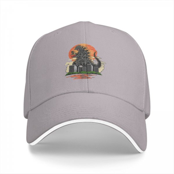 Black Baseball Cap with Godzilla City Destruction Sunset Art