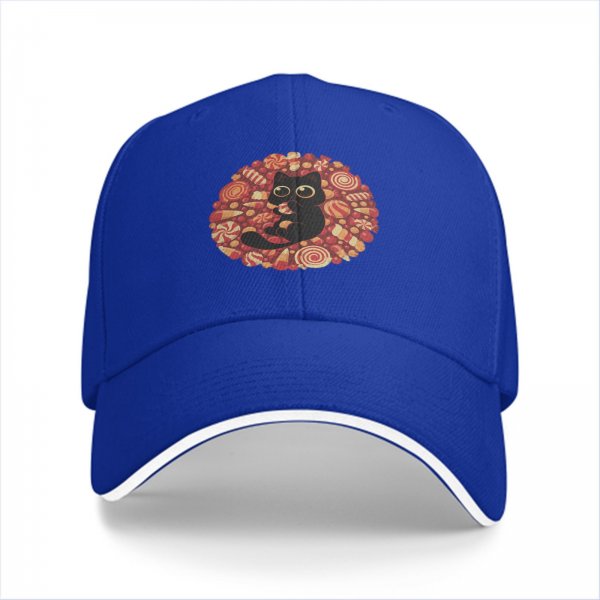 Black Baseball Cap with Cute Black Cat and Candy Print