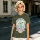 Olive Green Graphic T-Shirt With Whimsical Plant Creature And Floral Print