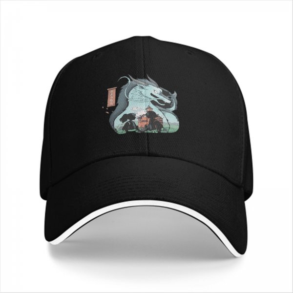 Black baseball cap with dragon and anime character graphic print