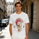 Olive green t-shirt with a cartoon cat eating instant ramen