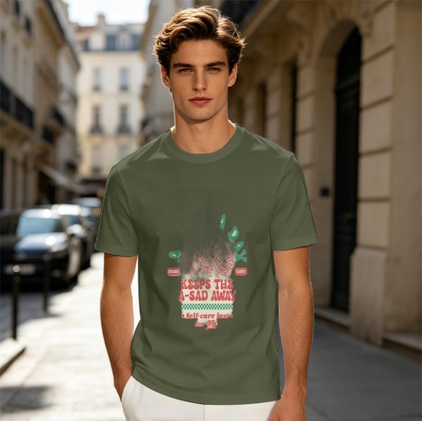 Olive graphic t-shirt with funny cat and 'keeps the a-sad away' text