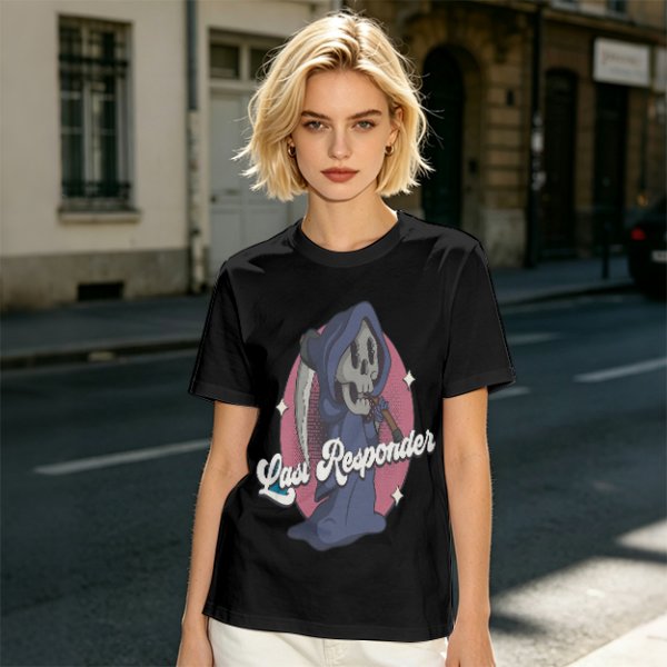 Olive T-Shirt with Cartoon Grim Reaper 'Last Responder' Print
