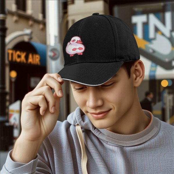 Black Baseball Cap With Cute Chubby Duck Graphic Design