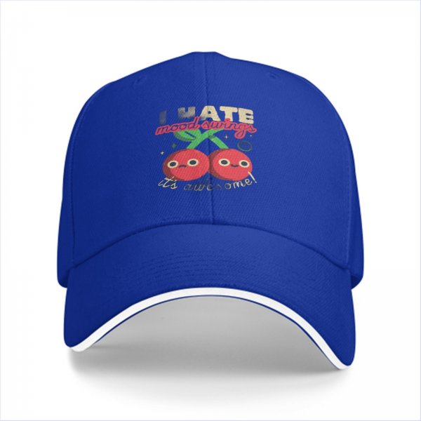 Black baseball cap with funny mood swing cherry graphic print