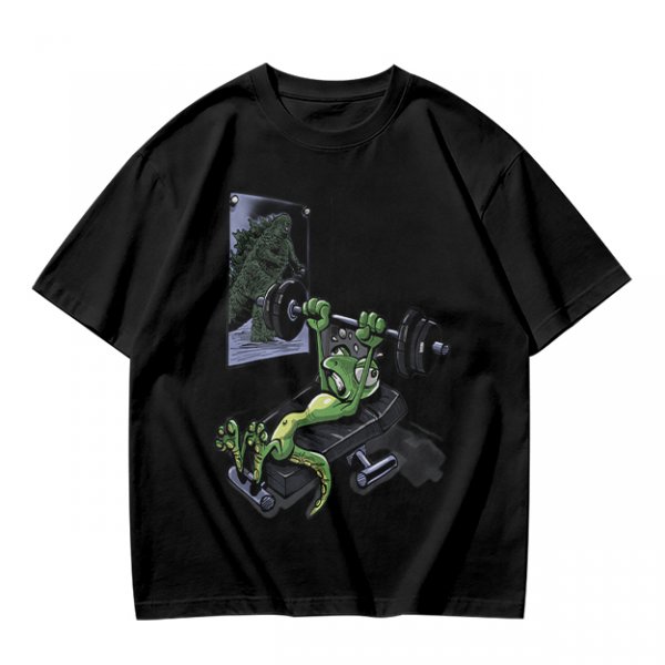 Olive T-shirt with cartoon lizard bench pressing weights in gym mirror