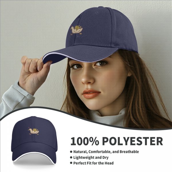 Black baseball cap with frog riding duck holding swords graphic