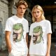 Olive T-shirt with Cute Dinosaur Holding Coffee Print