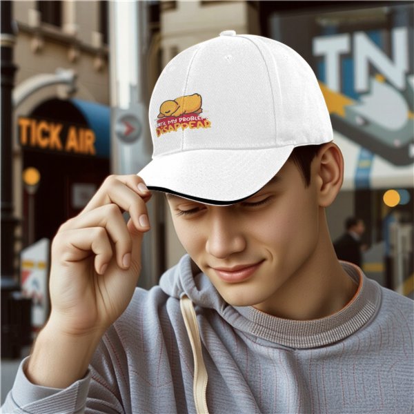 Black baseball cap with sleeping duck graphic and 'Until My Problems Disappear' text