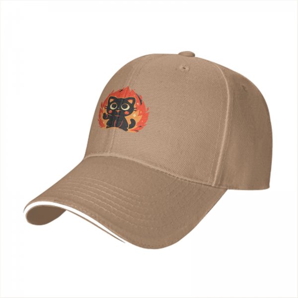 Black Baseball Cap With Cute Black Cat Surrounded By Flames Graphic