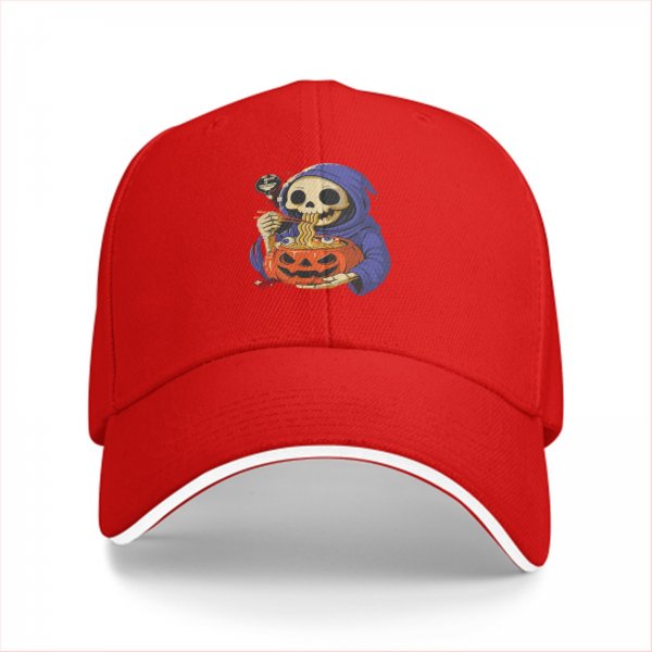 Black baseball cap with grim reaper eating pumpkin ramen graphic
