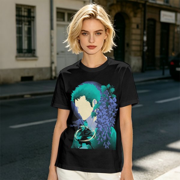 Anime Character Silhouette Wisteria Floral Graphic Olive T-Shirt