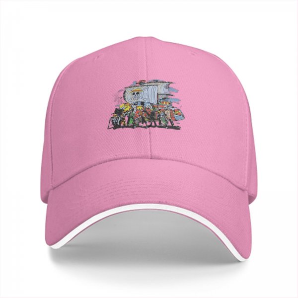 Black Baseball Cap with One Piece Straw Hat Pirates Ship Print