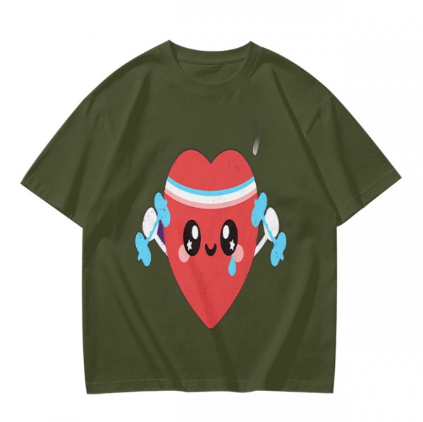 Olive T-Shirt With Cute Cartoon Heart Lifting Dumbbells Print