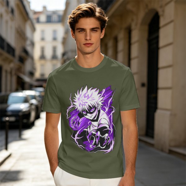 Olive Anime Graphic T-Shirt Featuring Killua Zoldyck