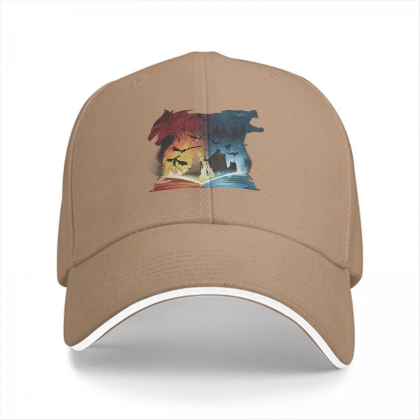 Black baseball cap with fantasy dragon and wolf open book graphic