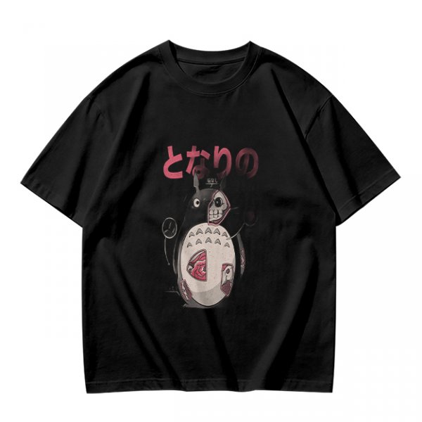 Olive T-shirt with horror stylized Totoro graphic and Japanese text