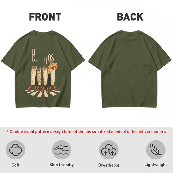 Olive T-Shirt With Walking Burritos Abbey Road Style Graphic