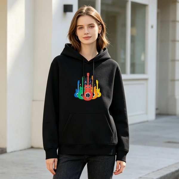 Black Hoodie With Colorful Cartoon Guitars Graphic