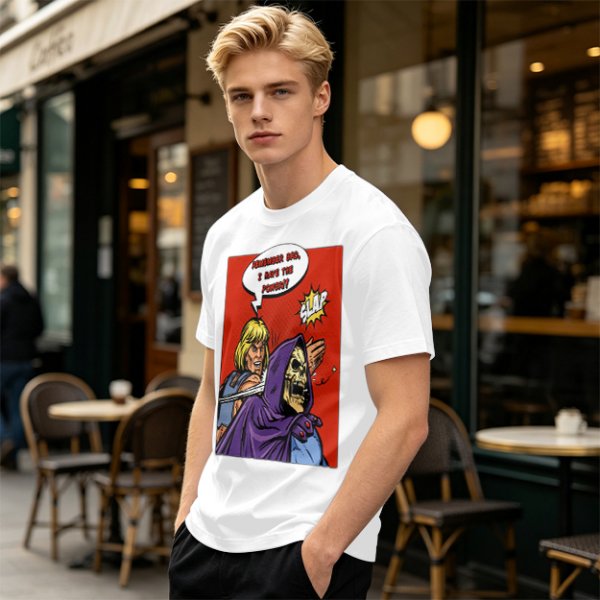Olive T-shirt with He-Man slapping Skeletor comic print