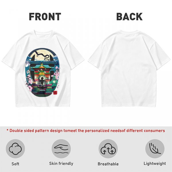 Spirited Away Bathhouse Graphic Tee with No Face and Dragon Art