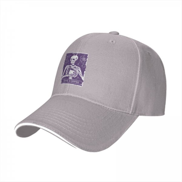 Black baseball cap with 'The Coffee' skeleton tarot-style graphic