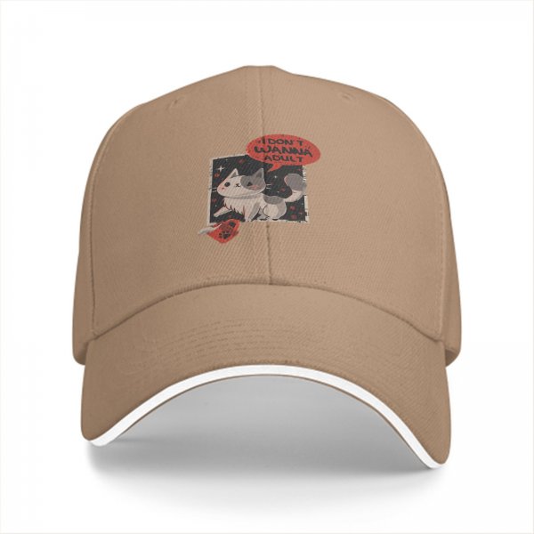 Black baseball cap with 'I don't wanna adult' cat graphic