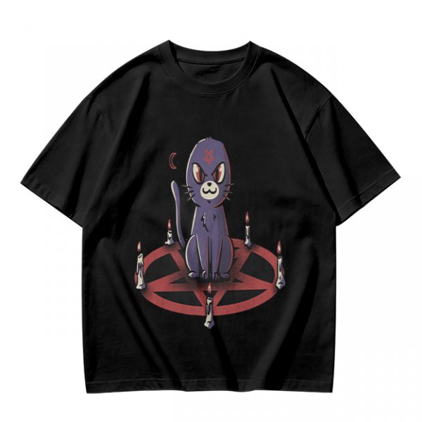 Olive T-Shirt With Purple Demon Cat On Pentagram And Candles