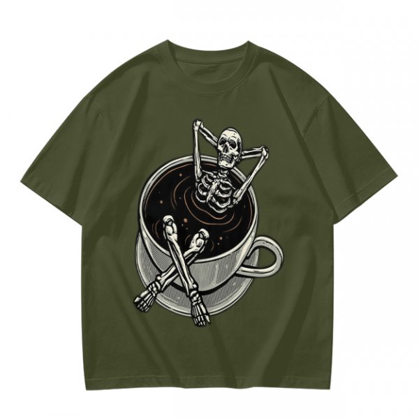 Olive T-shirt with skeleton relaxing in coffee cup graphic