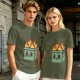 Olive green t-shirt with a cartoon burning box graphic