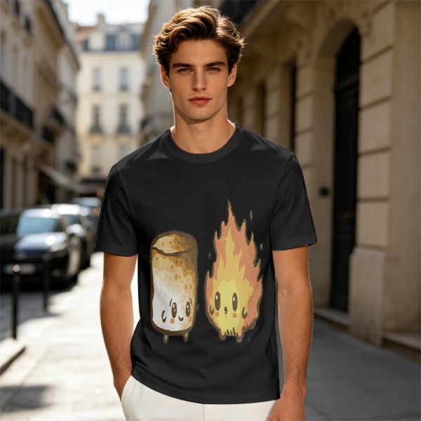 Olive T-Shirt With Cute Roasted Marshmallow And Fire Graphic