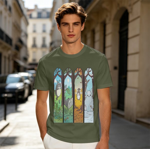 Olive T-Shirt With Stained Glass Style Four Seasons Forest Creature Art
