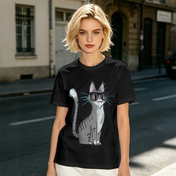 Olive T-Shirt With Cool Gray Cat Wearing Sunglasses Print