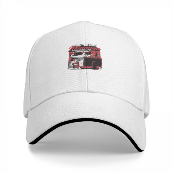 Black baseball cap with raccoon graphic doing the bare minimum
