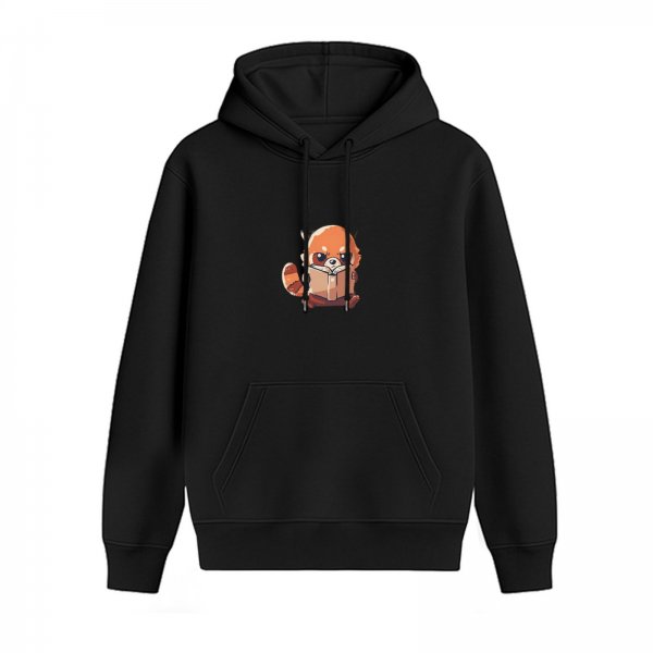 Black Hoodie With Cute Red Panda Reading Book Graphic