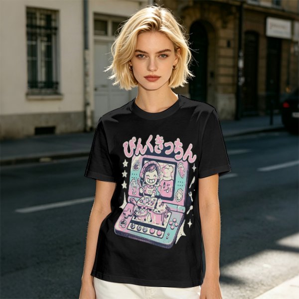 Olive green graphic t-shirt with cute handheld game kitchen art