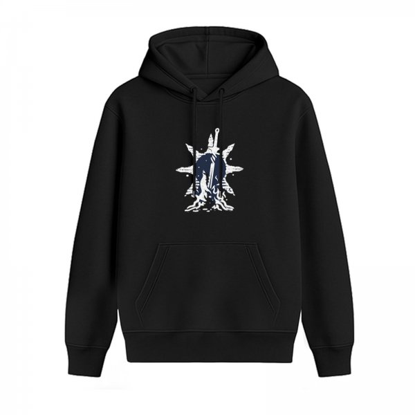 Black Hoodie With Fantasy Sword And Sunburst Graphic Print