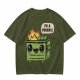 Olive green t-shirt with a cartoon dumpster on fire saying I'm a phoenix