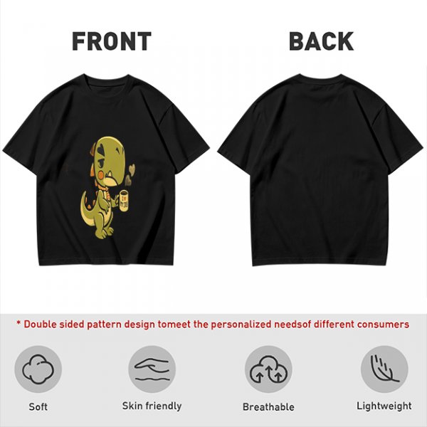 Olive T-shirt with a grumpy cartoon dinosaur holding a coffee mug