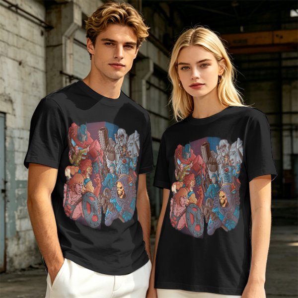 Olive T-shirt with 80s cartoon character crossover graphic