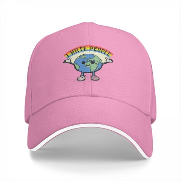 Black baseball cap with cartoon Earth graphic and 'I HATE PEOPLE' text