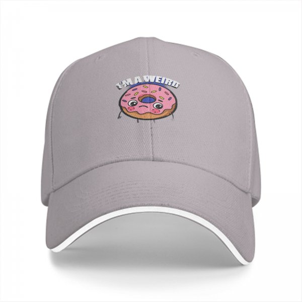 Black baseball cap with sad donut graphic and 'I'M A WEIRD' text