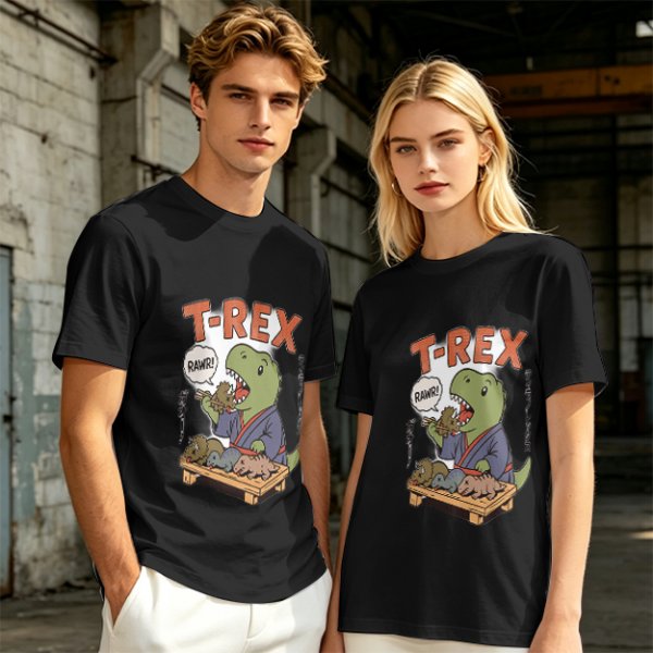 Olive T-shirt with cartoon T-Rex holding small dinosaurs and RAWR text