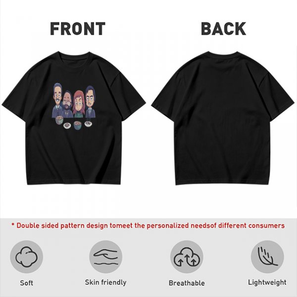 Olive T-shirt with Cartoon Group of Four People and Bowls Print