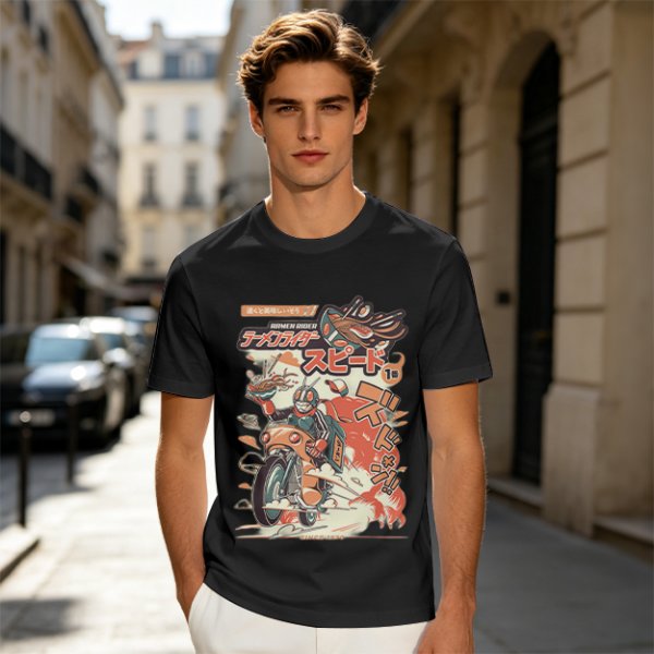 Olive green graphic tee with retro masked rider ramen motorcycle art