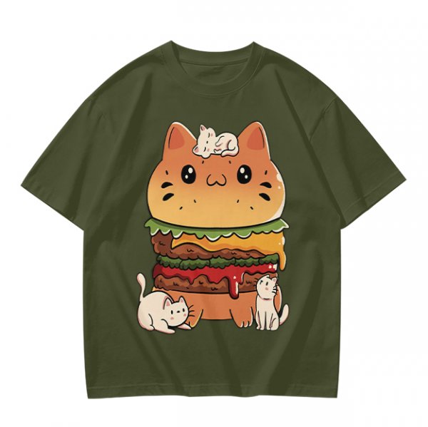 Olive T-Shirt With Cute Cat Burger And Kittens Print