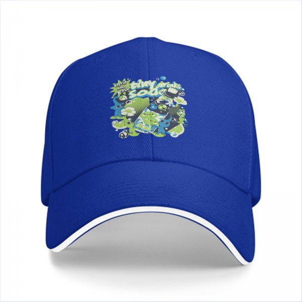 Black baseball cap with tiny drinks soda and alien graphic print