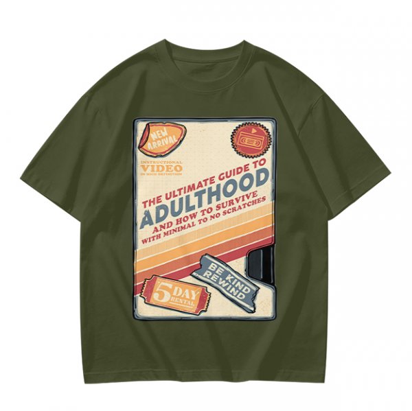 Olive t-shirt with retro guide to adulthood VHS-style print